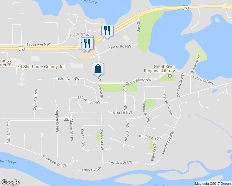 map of restaurants, bars, coffee shops, grocery stores, and more near 13323 182nd Lane Northwest in Elk River