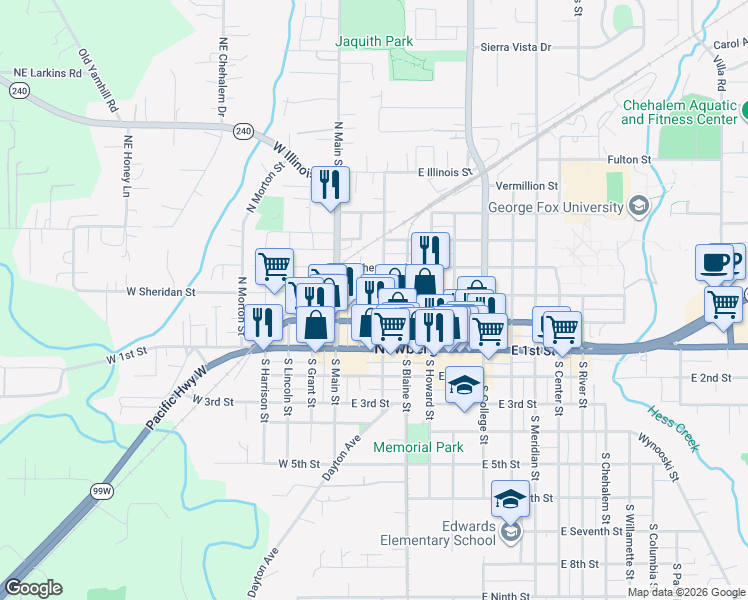 map of restaurants, bars, coffee shops, grocery stores, and more near 210 East Sheridan Street in Newberg