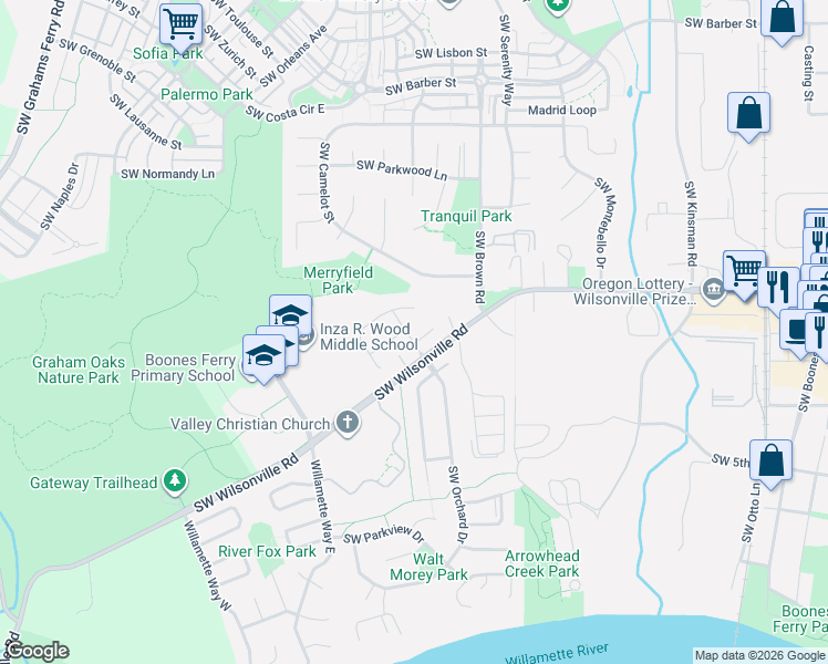 map of restaurants, bars, coffee shops, grocery stores, and more near 10886 Southwest Hunt Court in Wilsonville