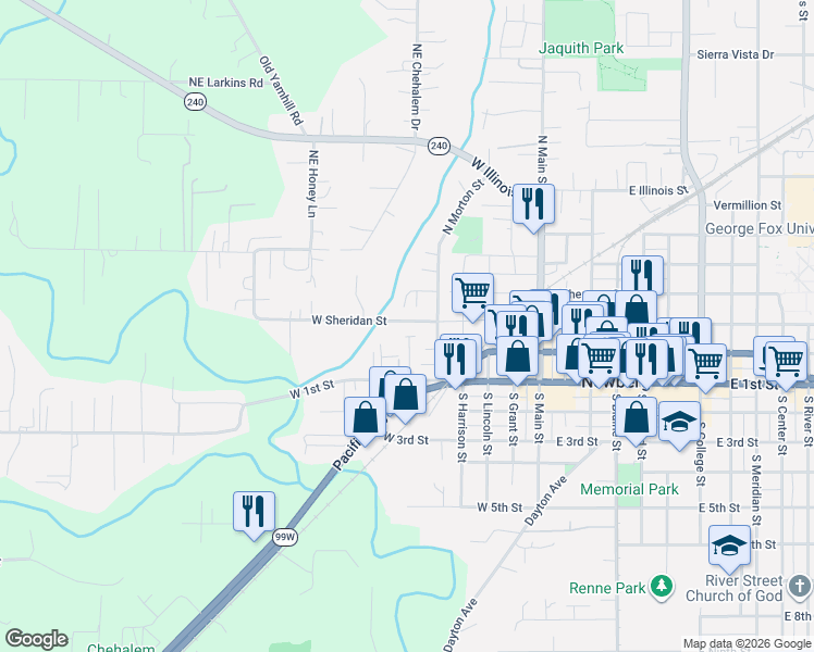map of restaurants, bars, coffee shops, grocery stores, and more near 604 West Sheridan Street in Newberg