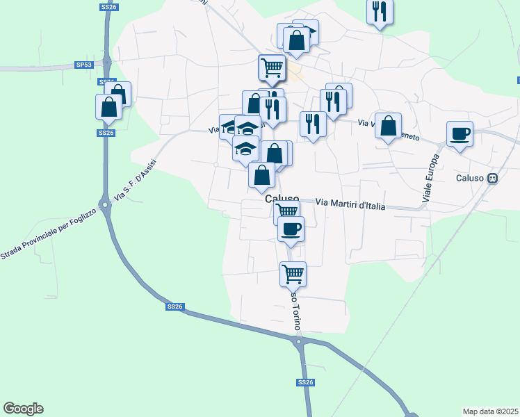 map of restaurants, bars, coffee shops, grocery stores, and more near 241 Corso Torino in Caluso