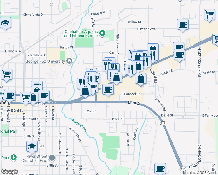 map of restaurants, bars, coffee shops, grocery stores, and more near 1864 Portland Rd in Newberg