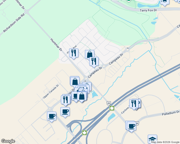 map of restaurants, bars, coffee shops, grocery stores, and more near 528 Silvertip Lane in Ottawa