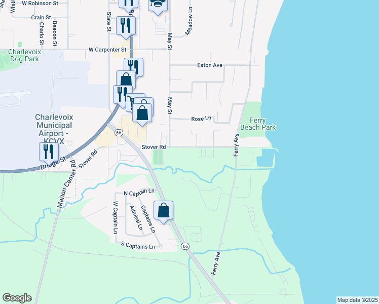 map of restaurants, bars, coffee shops, grocery stores, and more near 13560 Stover Rd in Charlevoix
