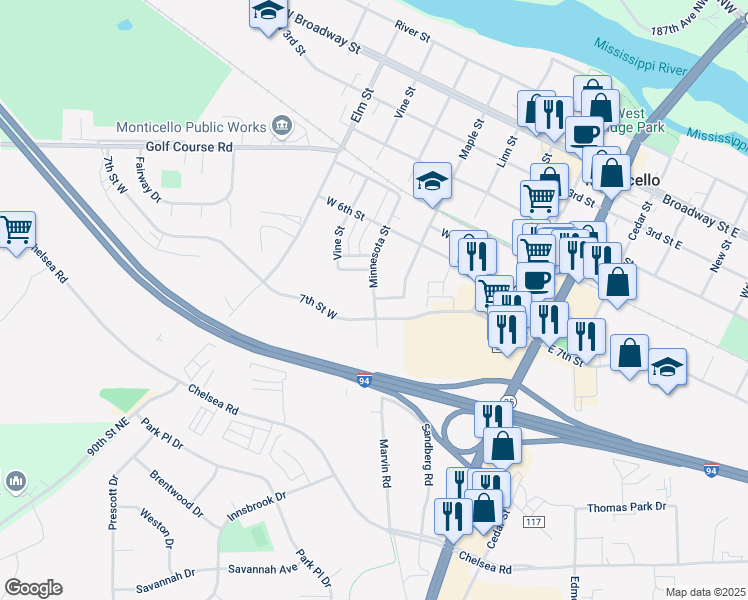 map of restaurants, bars, coffee shops, grocery stores, and more near 811 Minnesota Street in Monticello