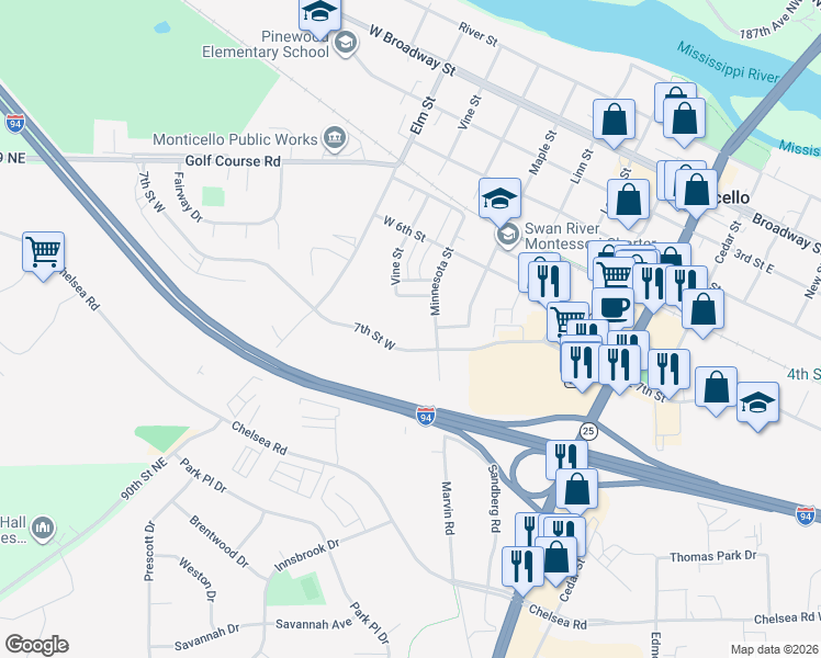 map of restaurants, bars, coffee shops, grocery stores, and more near 727 Minnesota Street in Monticello