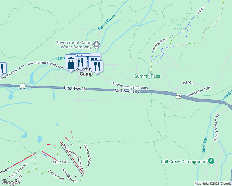 map of restaurants, bars, coffee shops, grocery stores, and more near 89392 U.S. 26 in Government Camp