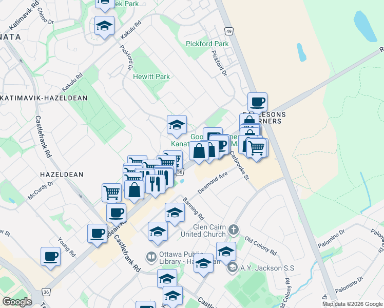 map of restaurants, bars, coffee shops, grocery stores, and more near 81 Lightfoot Place in Ottawa