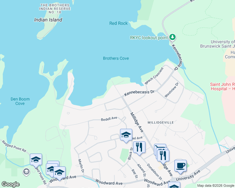 map of restaurants, bars, coffee shops, grocery stores, and more near 989 Millidge Avenue in Saint John