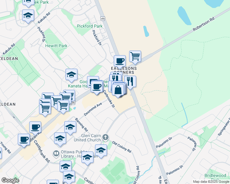 map of restaurants, bars, coffee shops, grocery stores, and more near 300 Eagleson Road in Ottawa