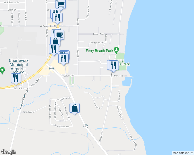 map of restaurants, bars, coffee shops, grocery stores, and more near 13402 Stover Road in Charlevoix