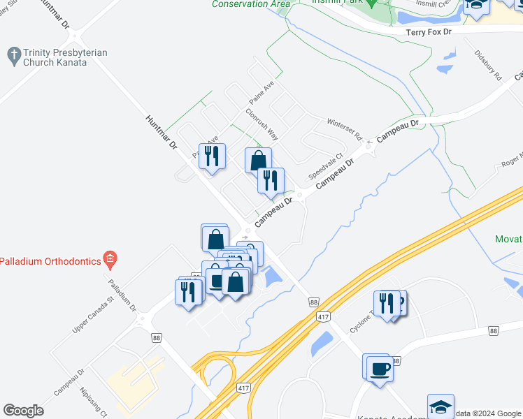 map of restaurants, bars, coffee shops, grocery stores, and more near 524 Silvertip Lane in Ottawa
