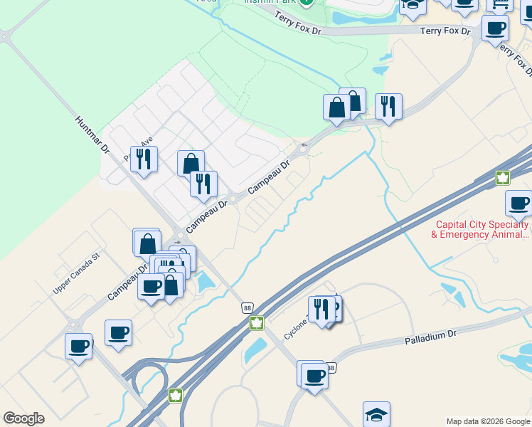 map of restaurants, bars, coffee shops, grocery stores, and more near 505 Woodlily Private in Ottawa