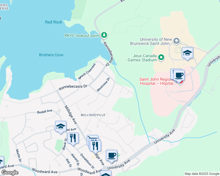 map of restaurants, bars, coffee shops, grocery stores, and more near 55 Crown Hill Crescent in Saint John