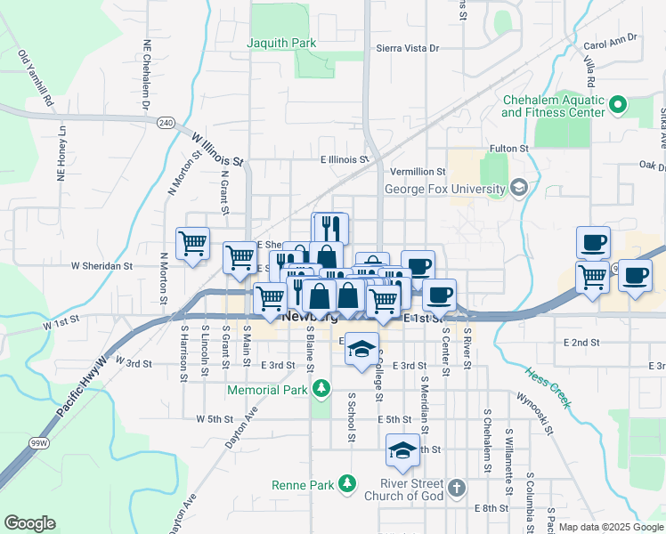 map of restaurants, bars, coffee shops, grocery stores, and more near 415 East Sheridan Street in Newberg