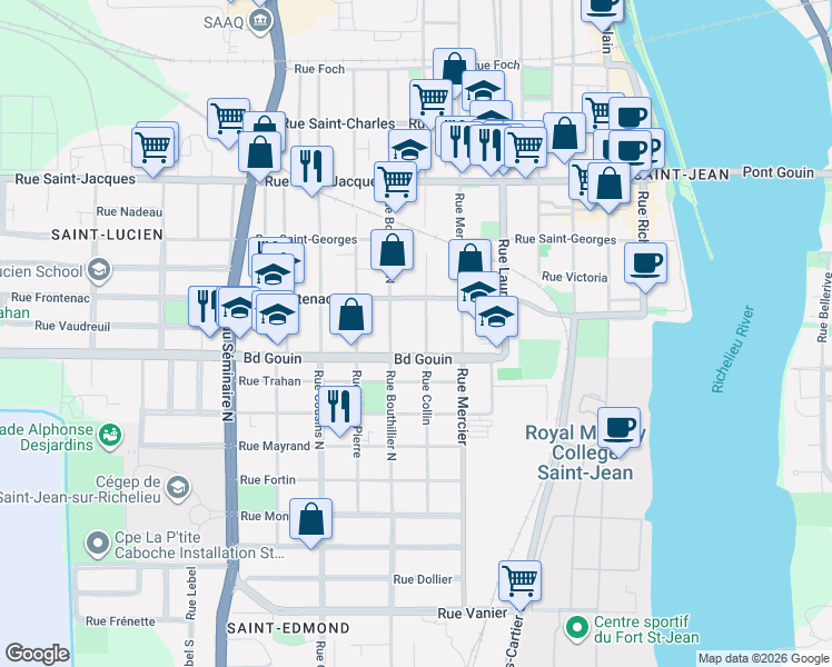 map of restaurants, bars, coffee shops, grocery stores, and more near 78 Rue Collin in Saint-Jean-sur-Richelieu