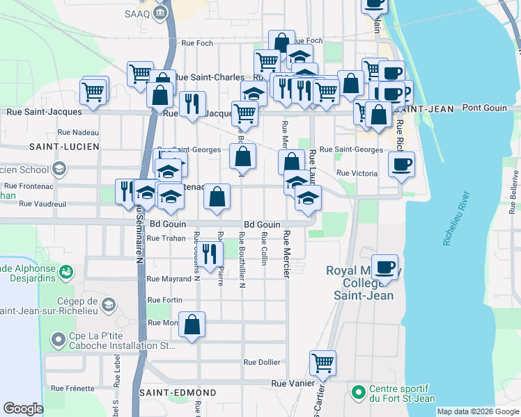map of restaurants, bars, coffee shops, grocery stores, and more near 78 Rue Collin in Saint-Jean-sur-Richelieu