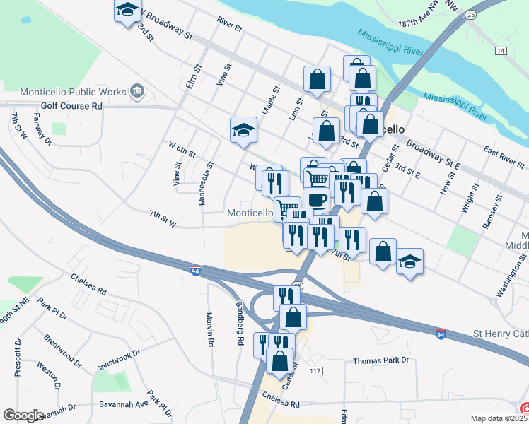 map of restaurants, bars, coffee shops, grocery stores, and more near 300-318 County Highway 58 in Monticello