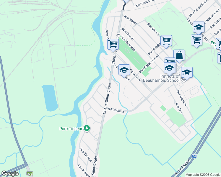map of restaurants, bars, coffee shops, grocery stores, and more near 396 Chemin Saint-Louis in Beauharnois