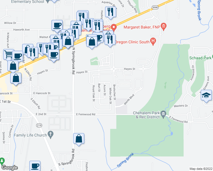 map of restaurants, bars, coffee shops, grocery stores, and more near 266 Acorn Street in Newberg