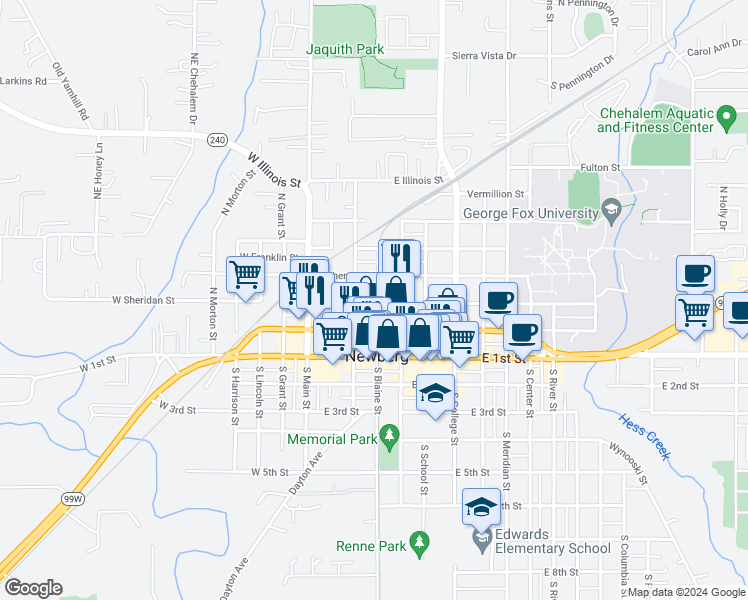 map of restaurants, bars, coffee shops, grocery stores, and more near 313 North Blaine Street in Newberg