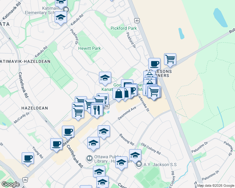 map of restaurants, bars, coffee shops, grocery stores, and more near 904 Tanguay Court in Ottawa