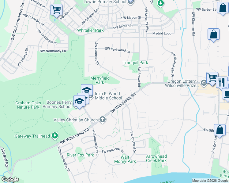 map of restaurants, bars, coffee shops, grocery stores, and more near 11107 Southwest Flores Street in Wilsonville