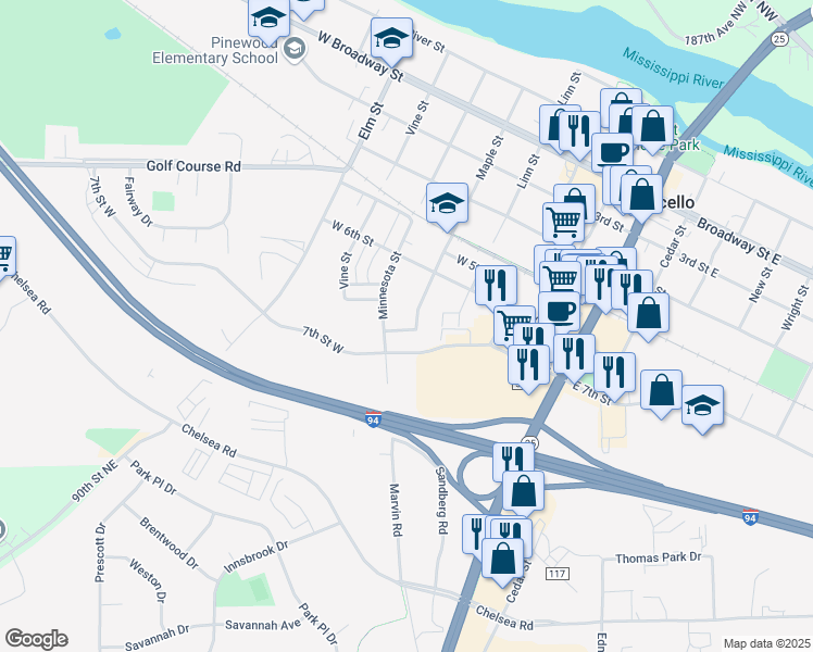map of restaurants, bars, coffee shops, grocery stores, and more near 359-399 7th Street West in Monticello