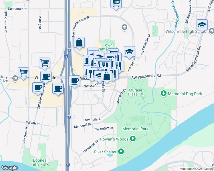 map of restaurants, bars, coffee shops, grocery stores, and more near 8366 Jessica Street in Wilsonville