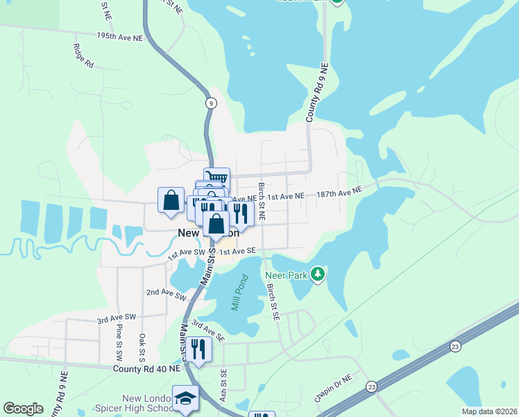 map of restaurants, bars, coffee shops, grocery stores, and more near 117 Central Avenue East in New London