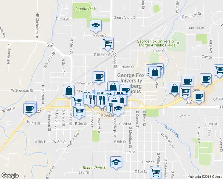 map of restaurants, bars, coffee shops, grocery stores, and more near 611 East Sheridan Street in Newberg