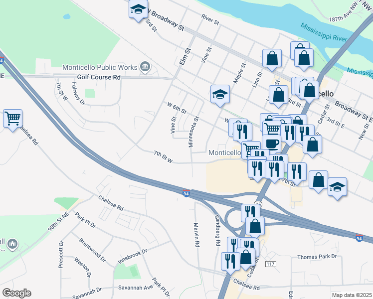 map of restaurants, bars, coffee shops, grocery stores, and more near 811 Minnesota Street in Monticello