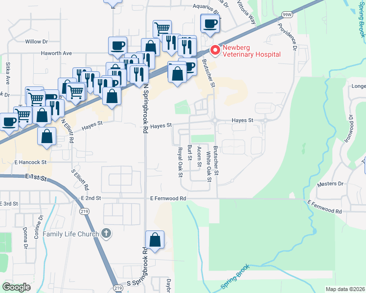 map of restaurants, bars, coffee shops, grocery stores, and more near 286 Royal Oak Street in Newberg