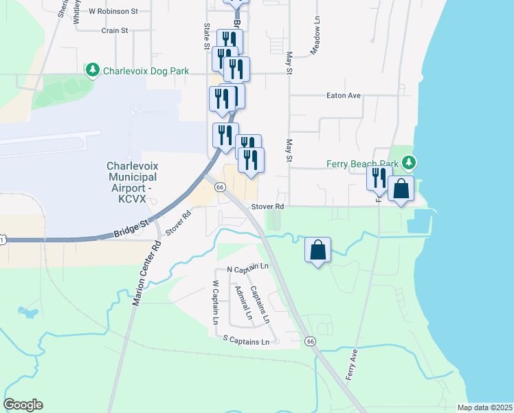 map of restaurants, bars, coffee shops, grocery stores, and more near Stover Road in Charlevoix