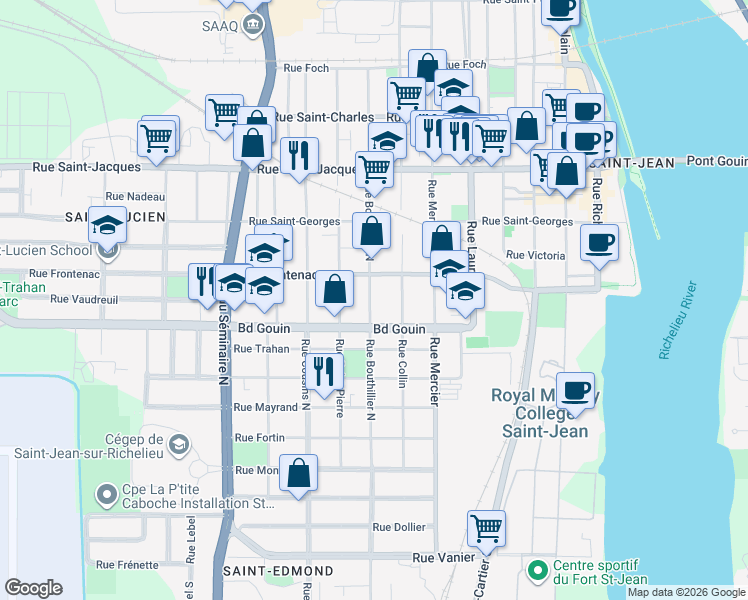 map of restaurants, bars, coffee shops, grocery stores, and more near 77 Rue Bouthillier Nord in Saint-Jean-sur-Richelieu