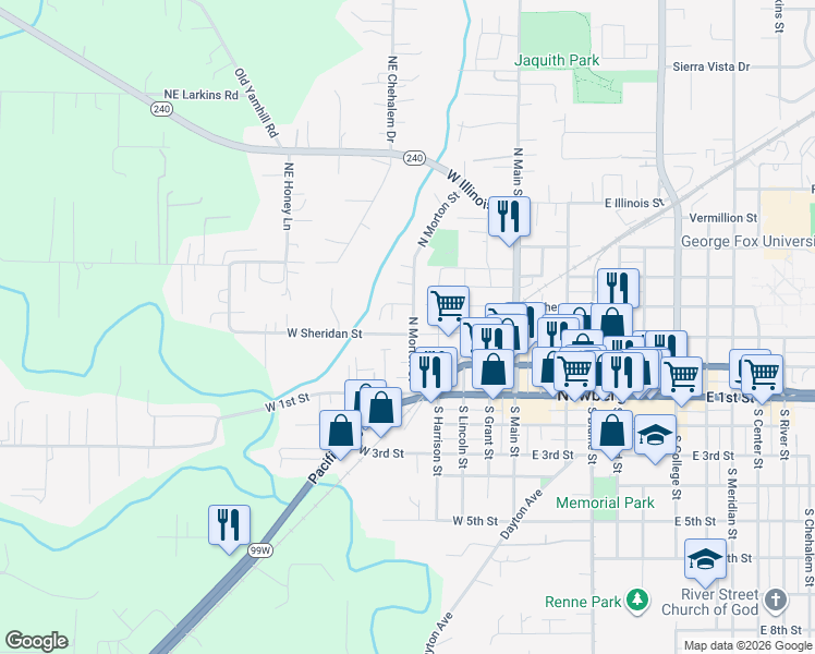 map of restaurants, bars, coffee shops, grocery stores, and more near 501 West Sheridan Street in Newberg