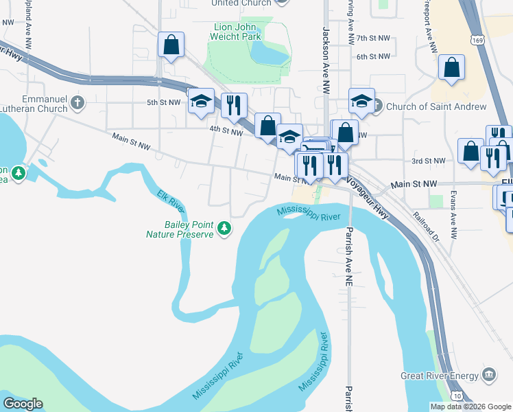 map of restaurants, bars, coffee shops, grocery stores, and more near 925 Angel Street Northwest in Elk River