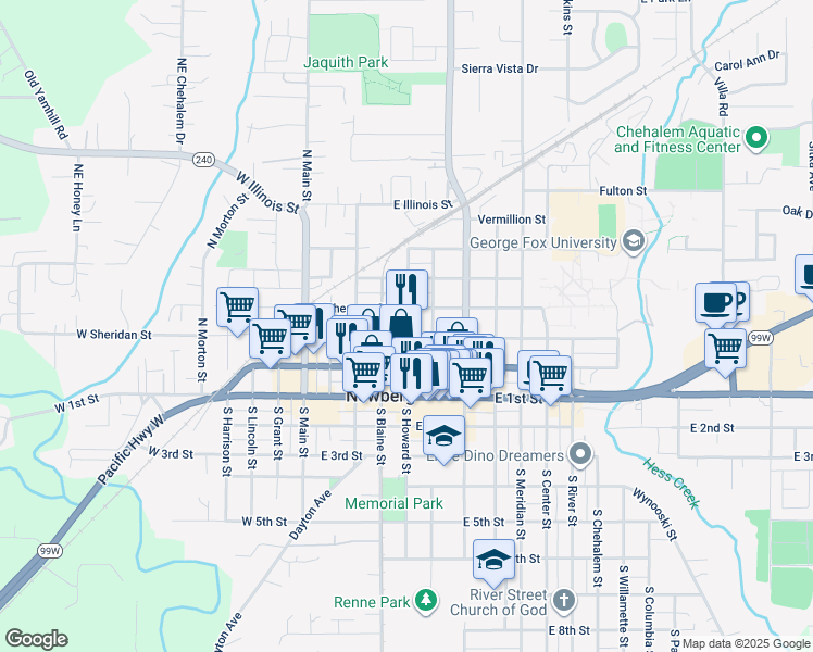 map of restaurants, bars, coffee shops, grocery stores, and more near 415 East Sheridan Street in Newberg