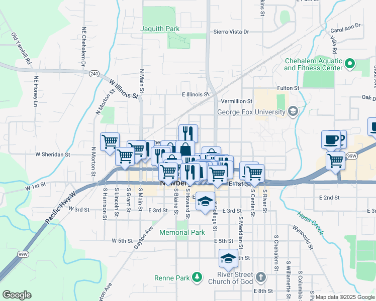 map of restaurants, bars, coffee shops, grocery stores, and more near 415 East Sheridan Street in Newberg