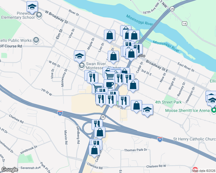 map of restaurants, bars, coffee shops, grocery stores, and more near 534 Walnut Street in Monticello