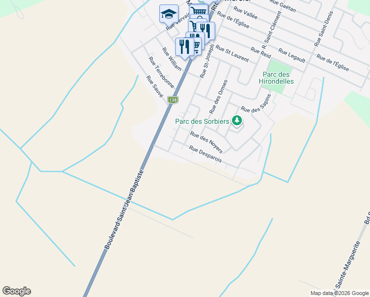 map of restaurants, bars, coffee shops, grocery stores, and more near 15 Rue Desparois in Mercier