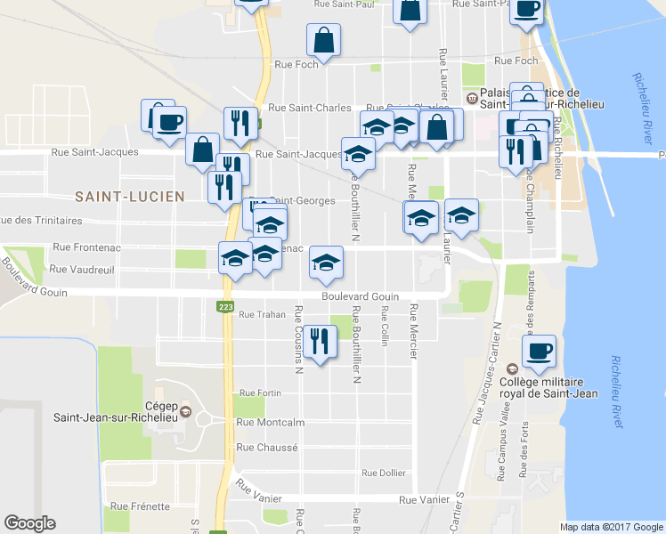map of restaurants, bars, coffee shops, grocery stores, and more near 107A Rue Saint-Pierre in Saint-Jean-sur-Richelieu