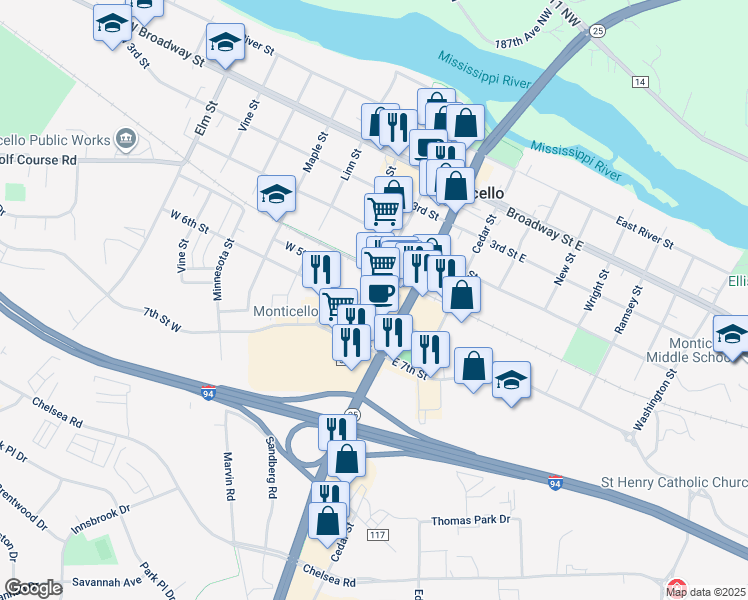 map of restaurants, bars, coffee shops, grocery stores, and more near in Monticello