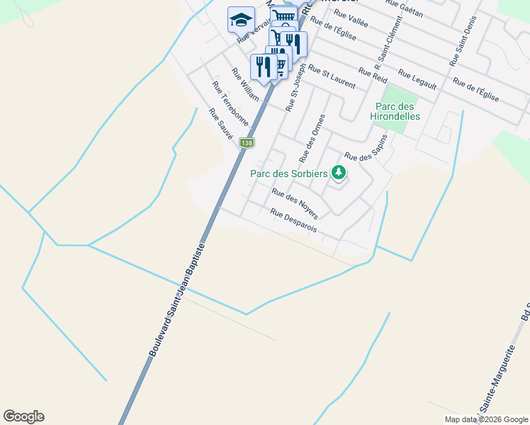 map of restaurants, bars, coffee shops, grocery stores, and more near 15 Rue Desparois in Mercier