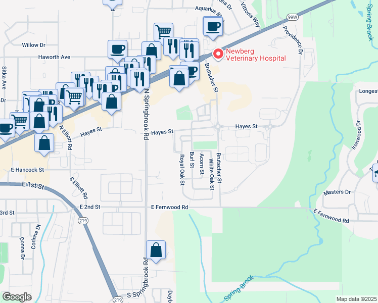 map of restaurants, bars, coffee shops, grocery stores, and more near 301 Burl Street in Newberg