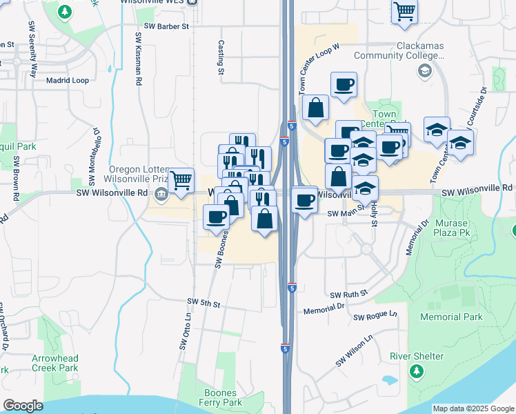 map of restaurants, bars, coffee shops, grocery stores, and more near 30080 Southwest Boones Ferry Road in Wilsonville