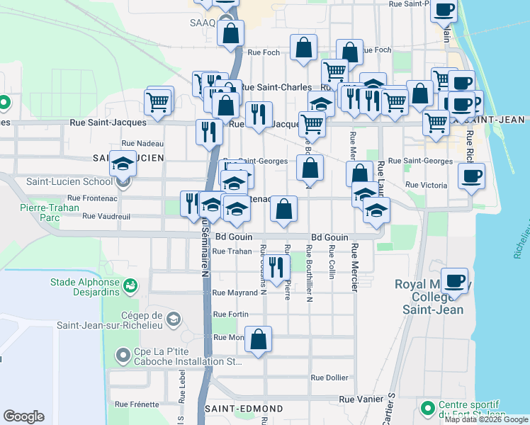 map of restaurants, bars, coffee shops, grocery stores, and more near 126 Rue Cousins Nord in Saint-Jean-sur-Richelieu