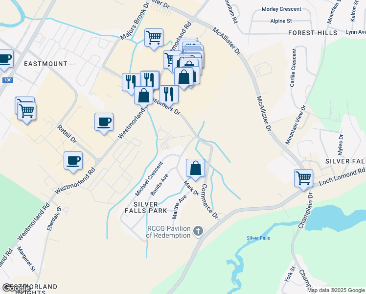map of restaurants, bars, coffee shops, grocery stores, and more near 160 Mark Drive in Saint John