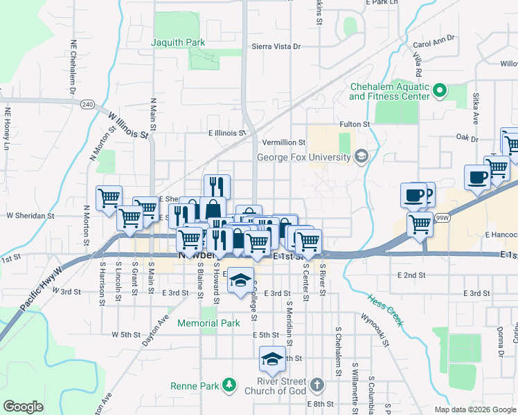 map of restaurants, bars, coffee shops, grocery stores, and more near 310 North College Street in Newberg