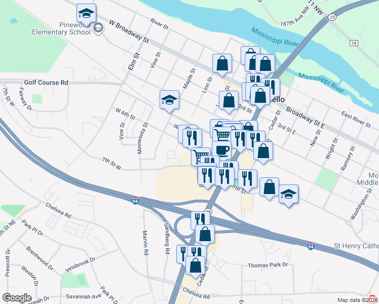 map of restaurants, bars, coffee shops, grocery stores, and more near 330 West 6th Street in Monticello